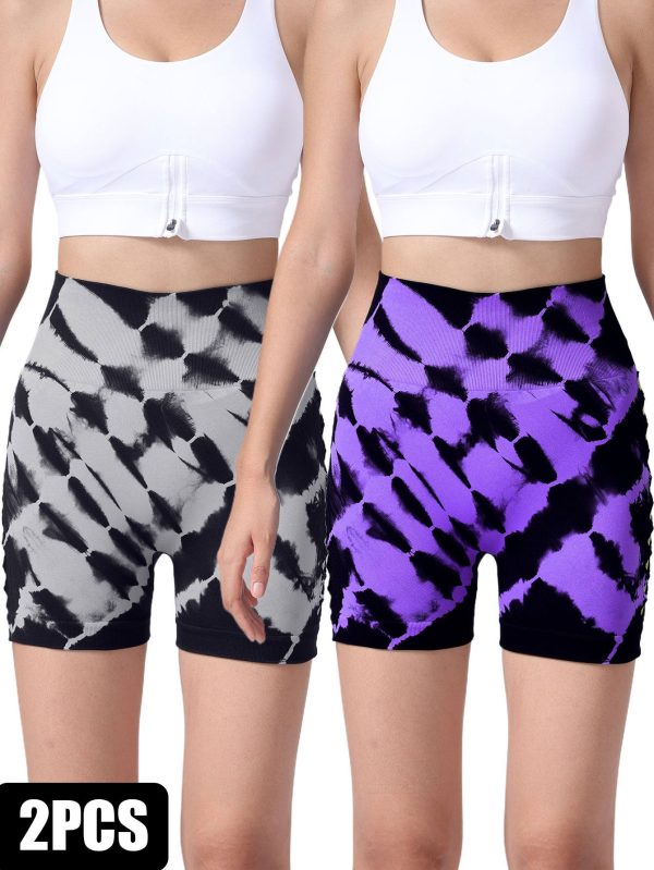 2 Pack Us Local Women s Side Cut-Out Tie-Dye Seamless Hip Lift High Waist Sports Fitness Yoga Shorts For Discount