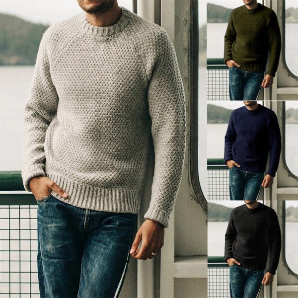 Men s Pullover Sweater Winter Casual Solid Color Round Neck Knitted Top Clothing Fashion